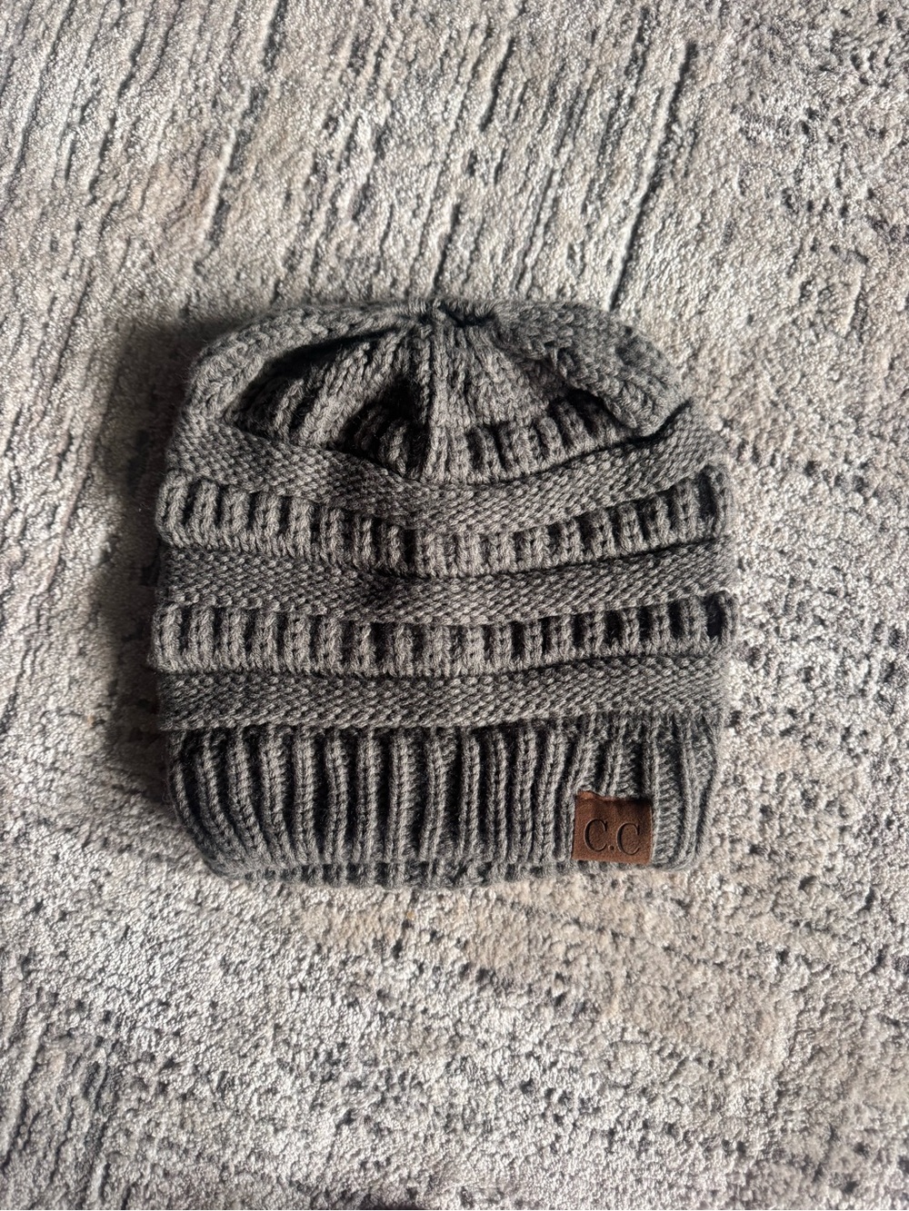 C.C Gray Knit Beanie with Logo Patch